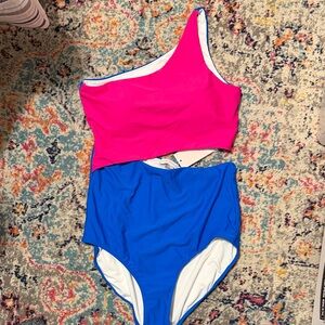 Pink Desert XL Vibrant Blue and Pink One-Shoulder Swimsuit NWT